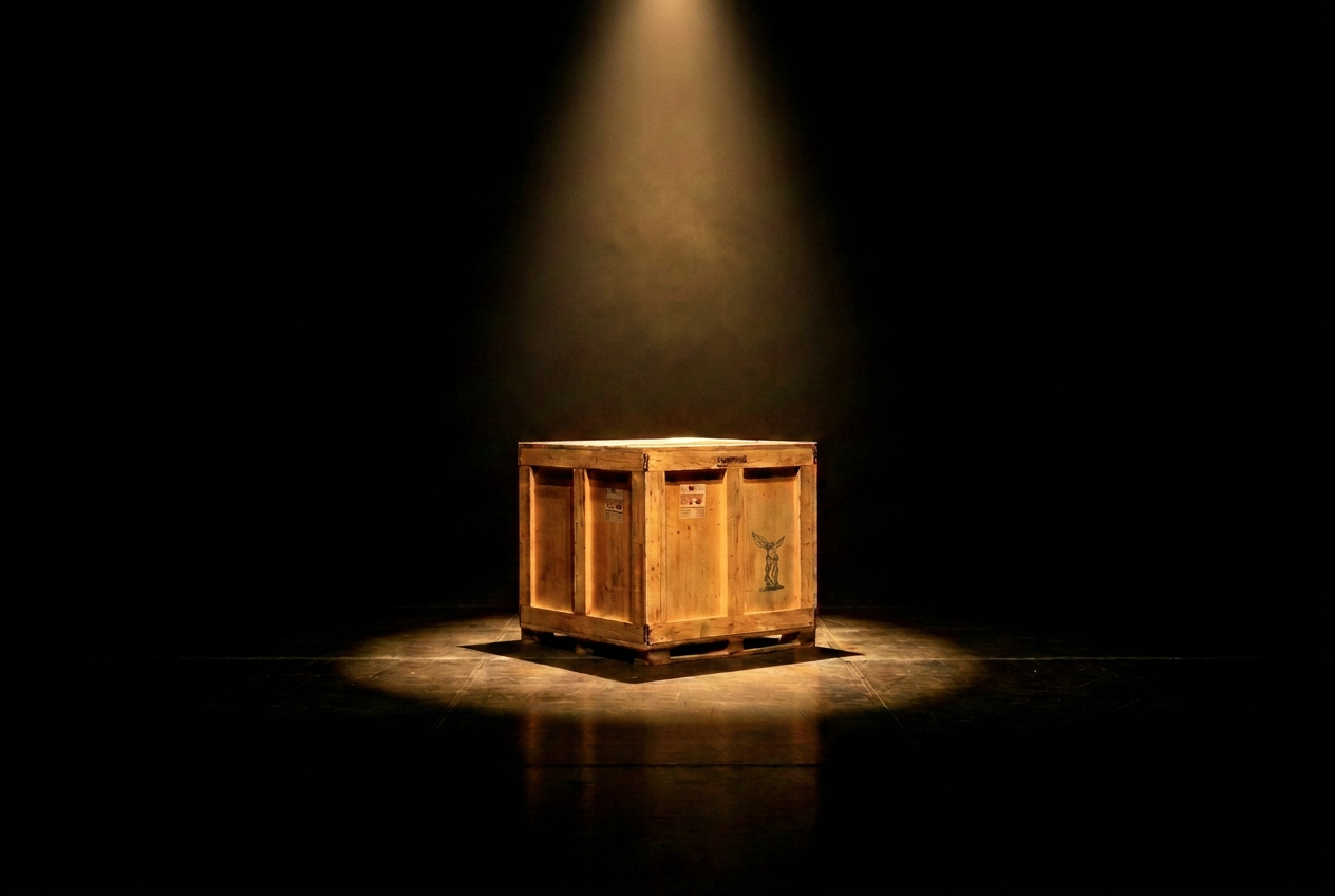 A precision lighting rig being adjusted in a dark museum hall, a single beam falling on a wooden crate